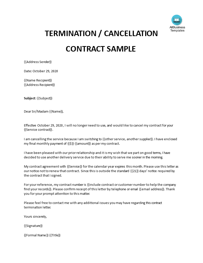 Kostenloses Letter of Termination of Contract