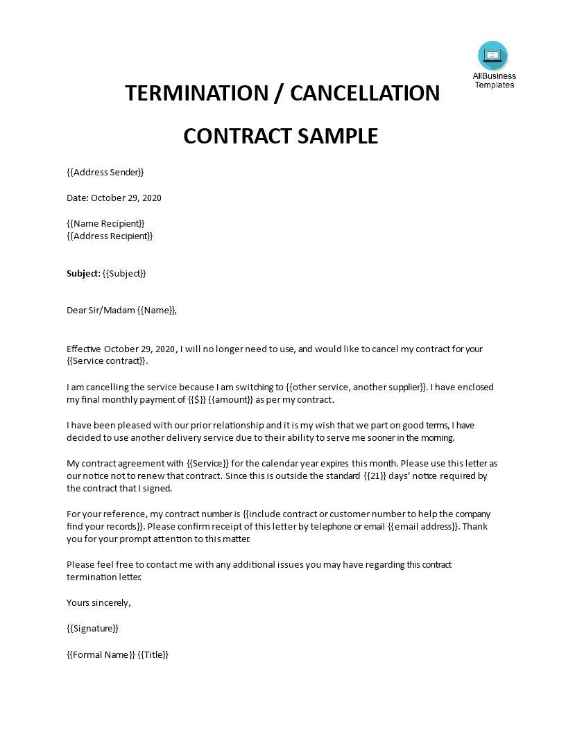 letter of termination of contract voorbeeld afbeelding 