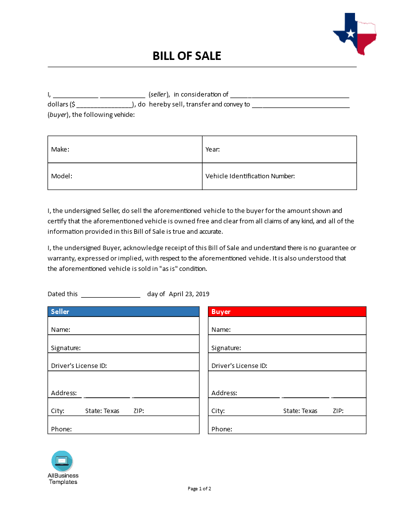 Free Bill Of Sale Texas Template Free Printable Templates