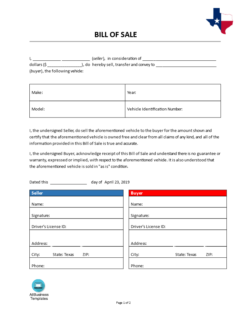 Auto Free Printable Texas Bill Of Sale Form