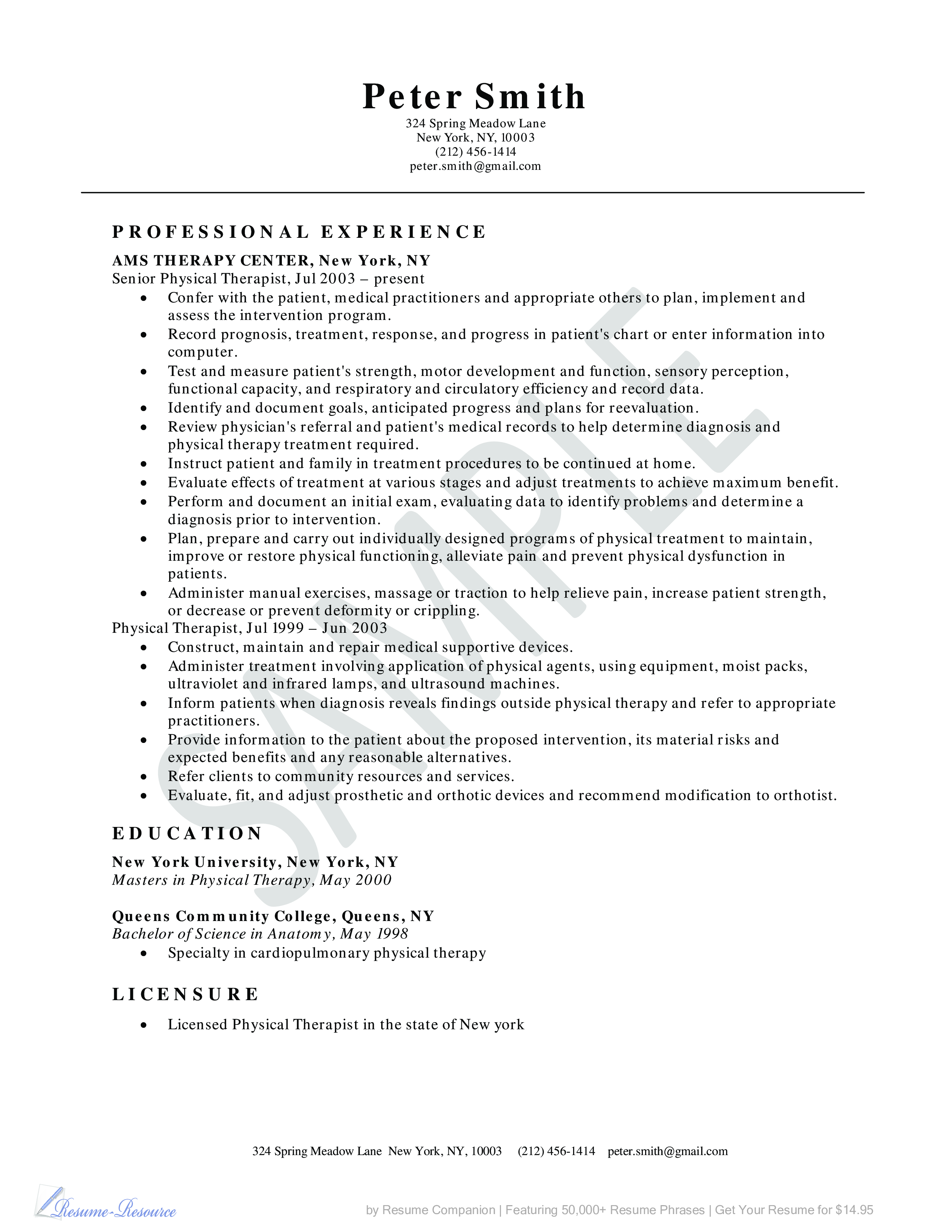 senior physical therapist resume sample