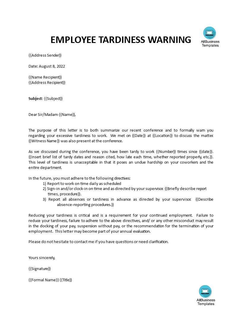Warning Letter for Tardiness 模板