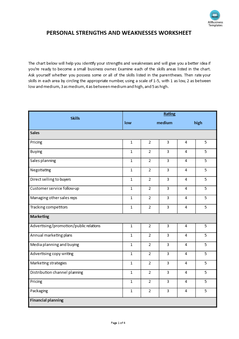 Personal Strengths & Weaknesses Worksheet 模板