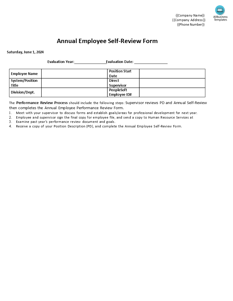 Annual Employee Self Review Form main image