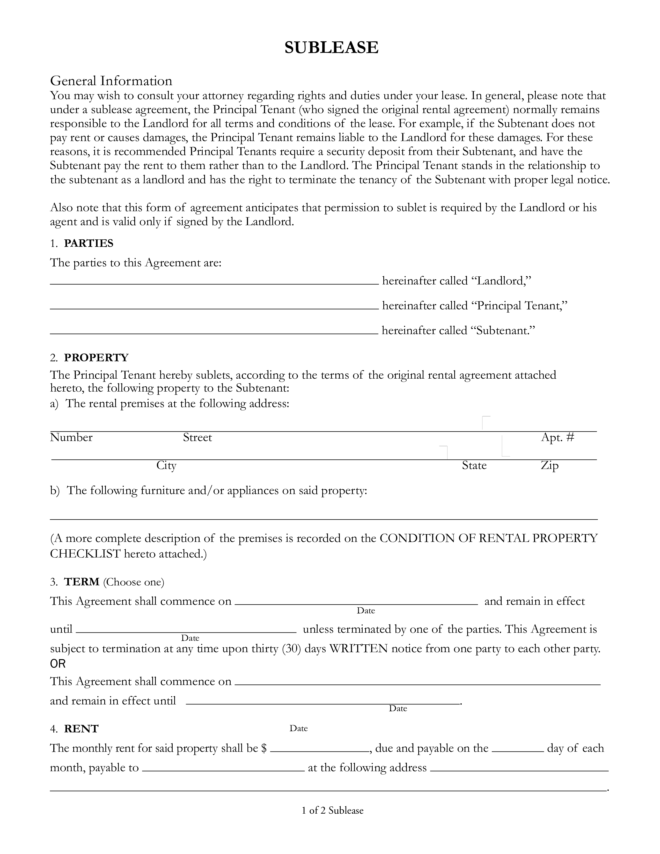 Basic Sublease Contract main image