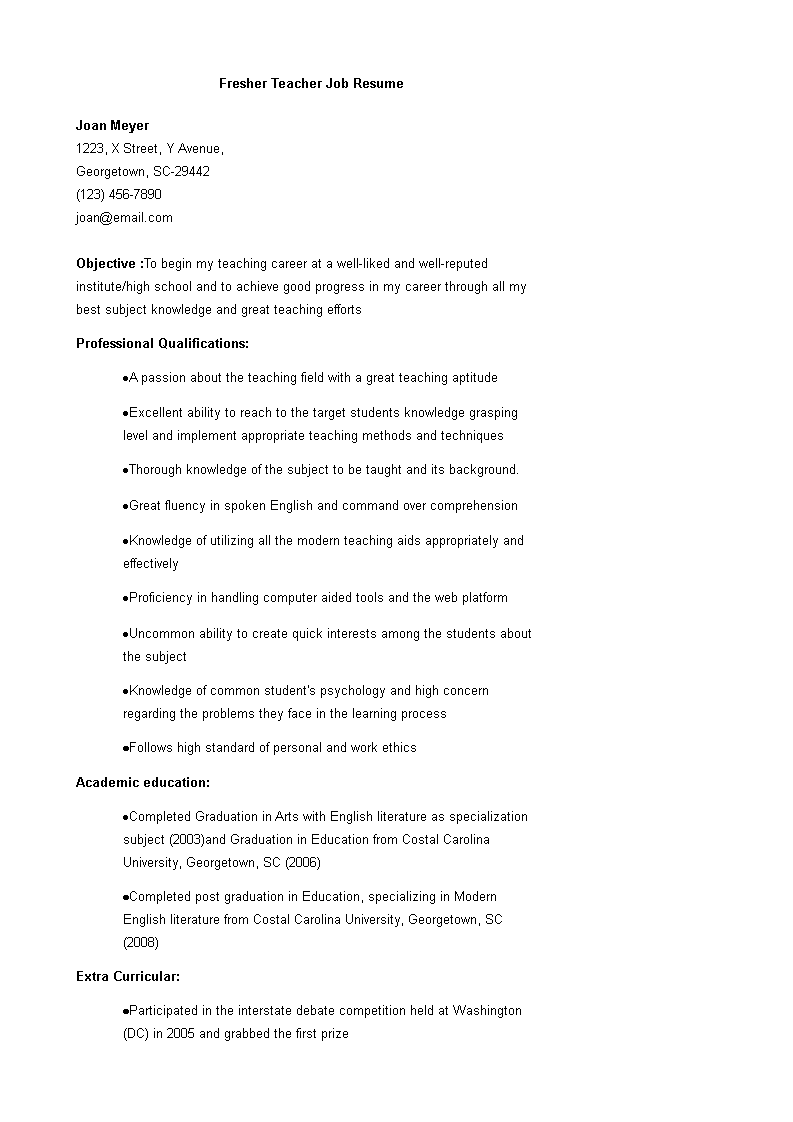 resume format for teacher job fresher