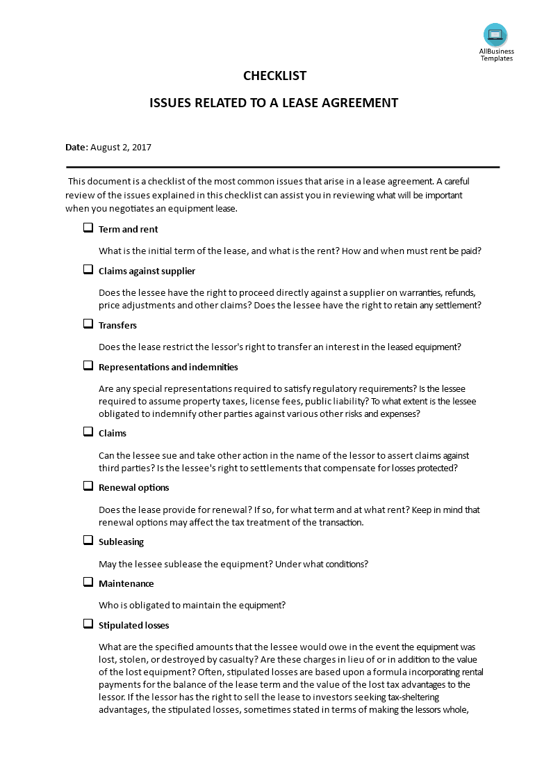 checklist: issues related to a lease agreement template