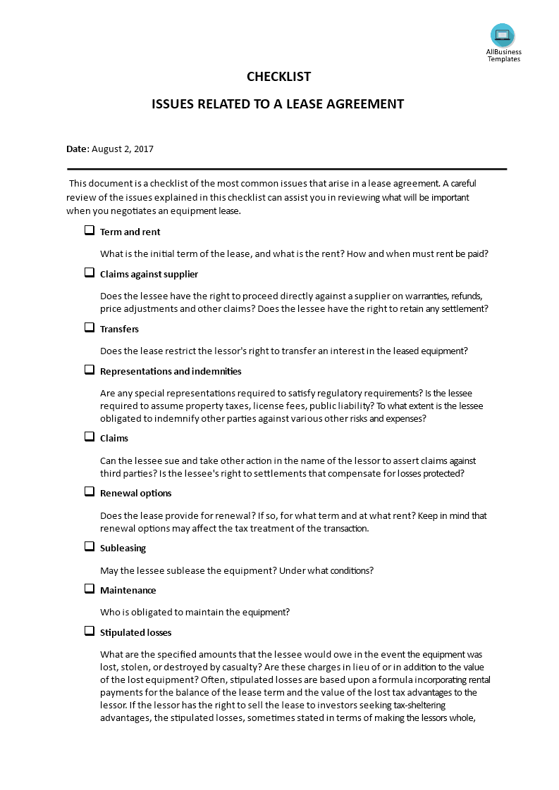 Checklist: Issues Related To A Lease Agreement 模板