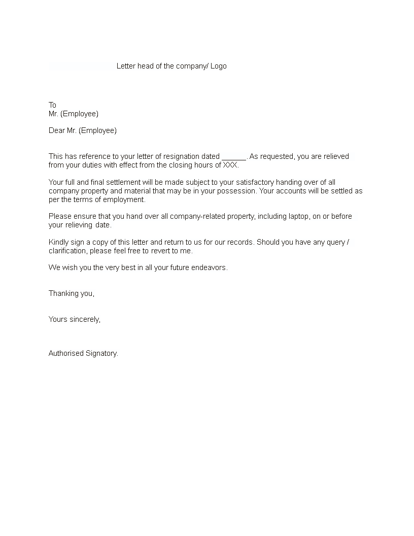 relieving letter format template