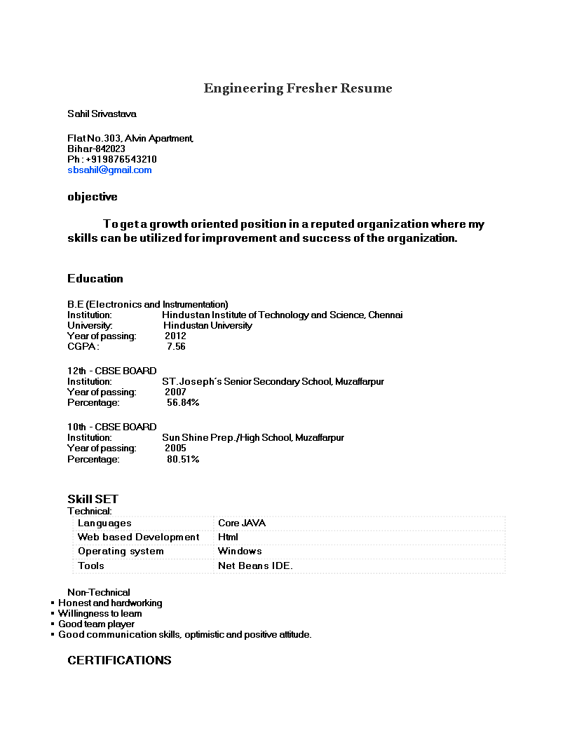 resume format for freshers planning engineer