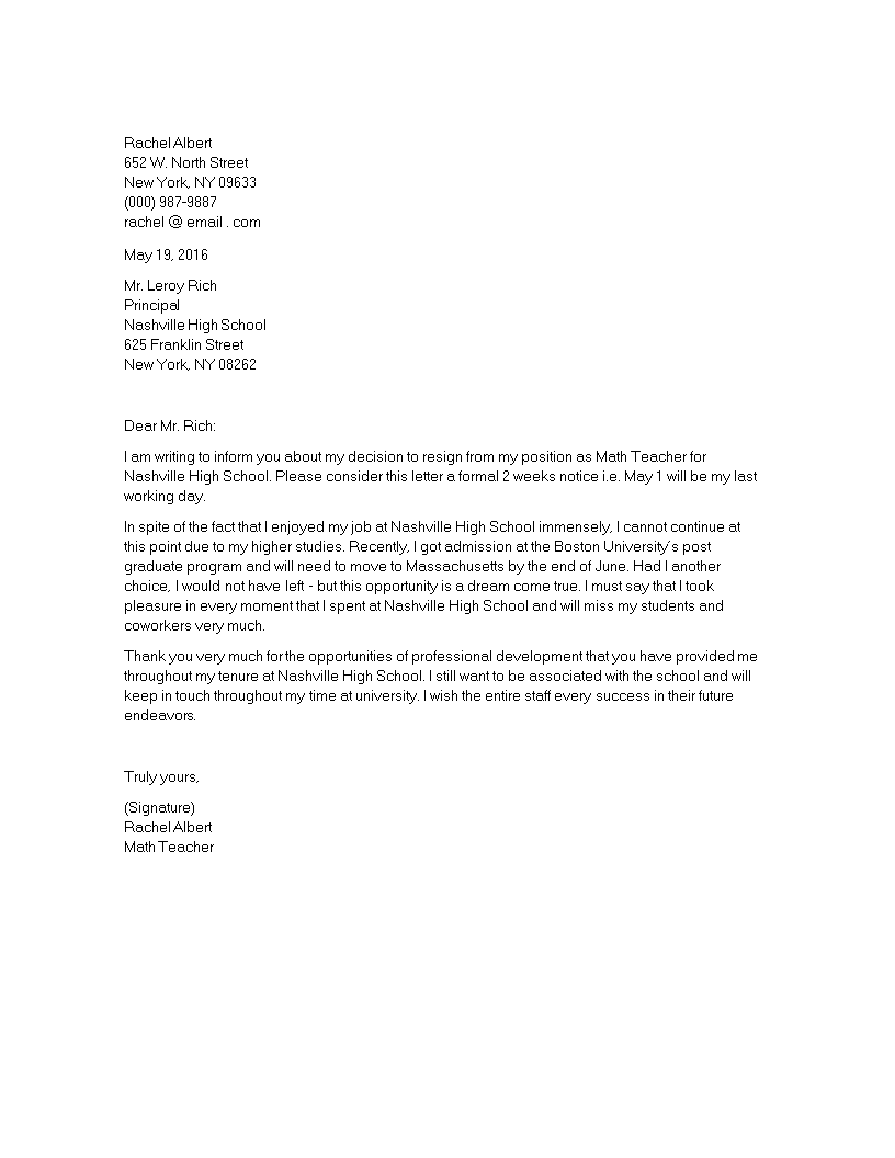 standard teacher resignation letter voorbeeld afbeelding 