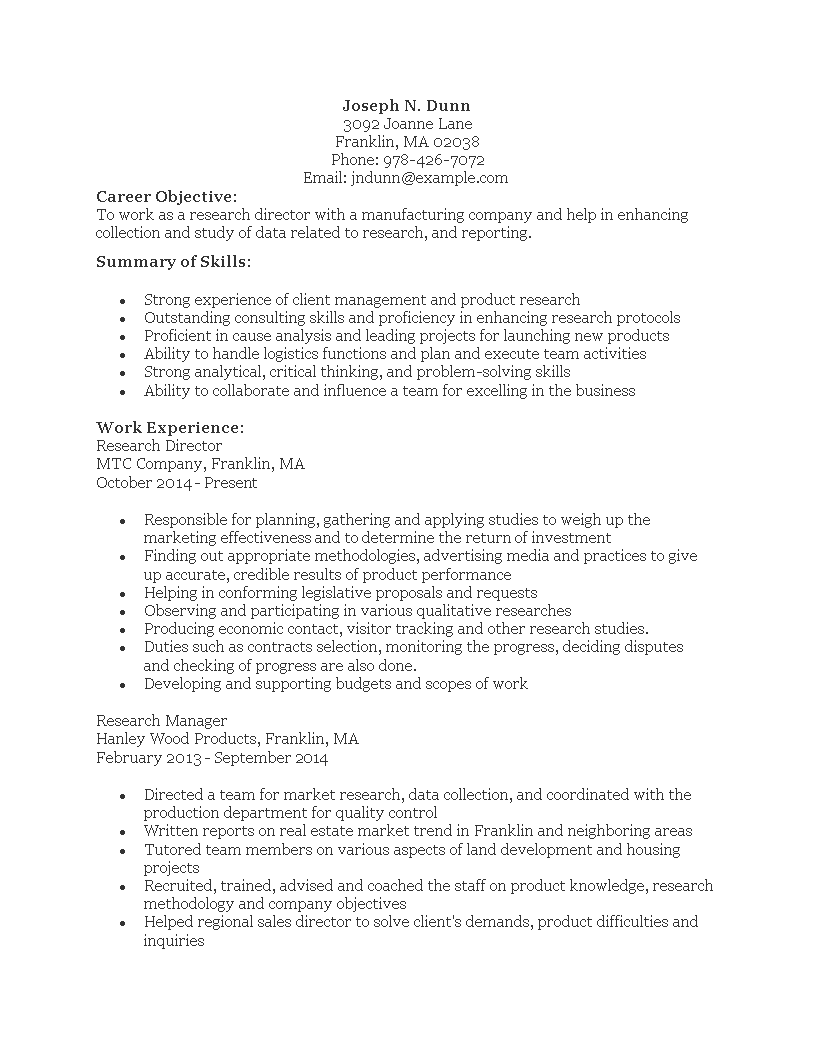marketing research director resume modèles