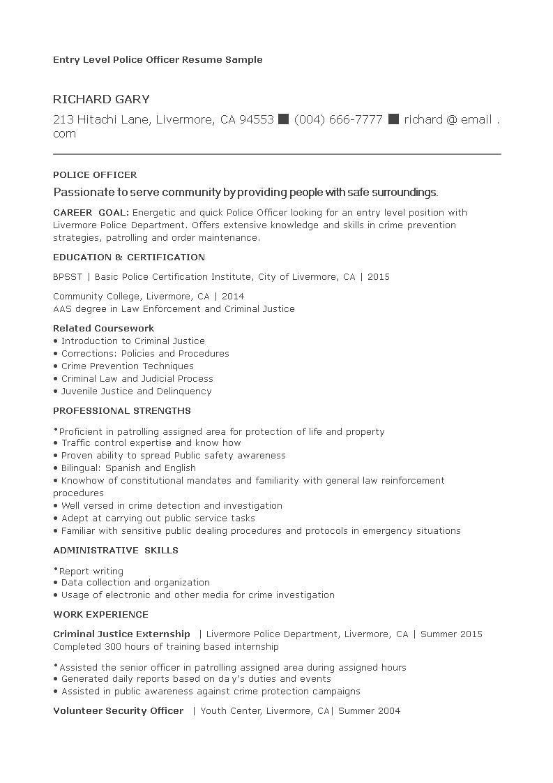 entry level police officer resume voorbeeld afbeelding 