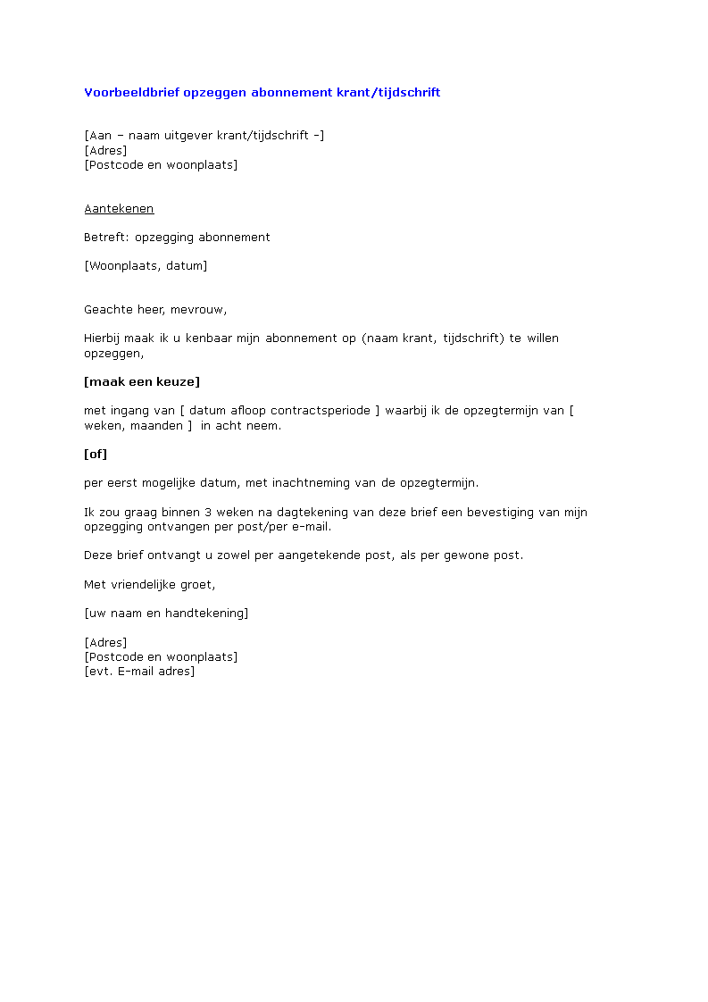 opzeggen abonnement kranttijdschrift template