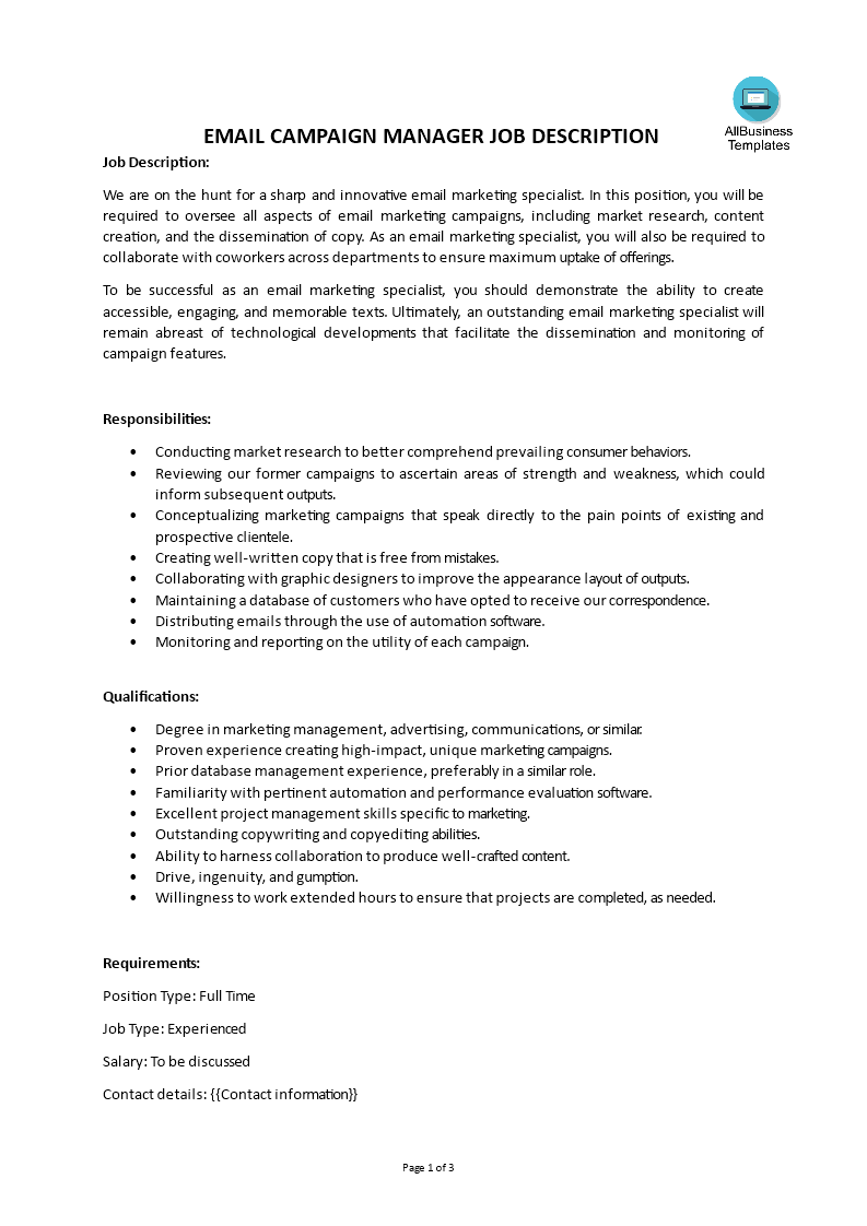 email campaign manager job description modèles