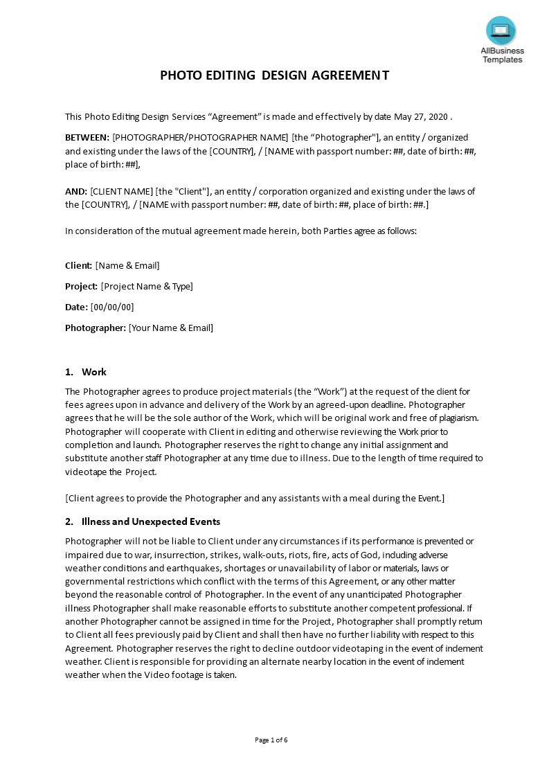 photographer graphic design agreement template