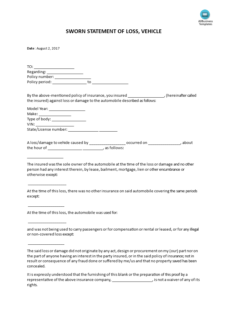 sworn statement of loss, vehicle template