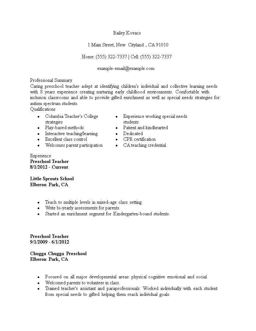 best preschool teacher resume template