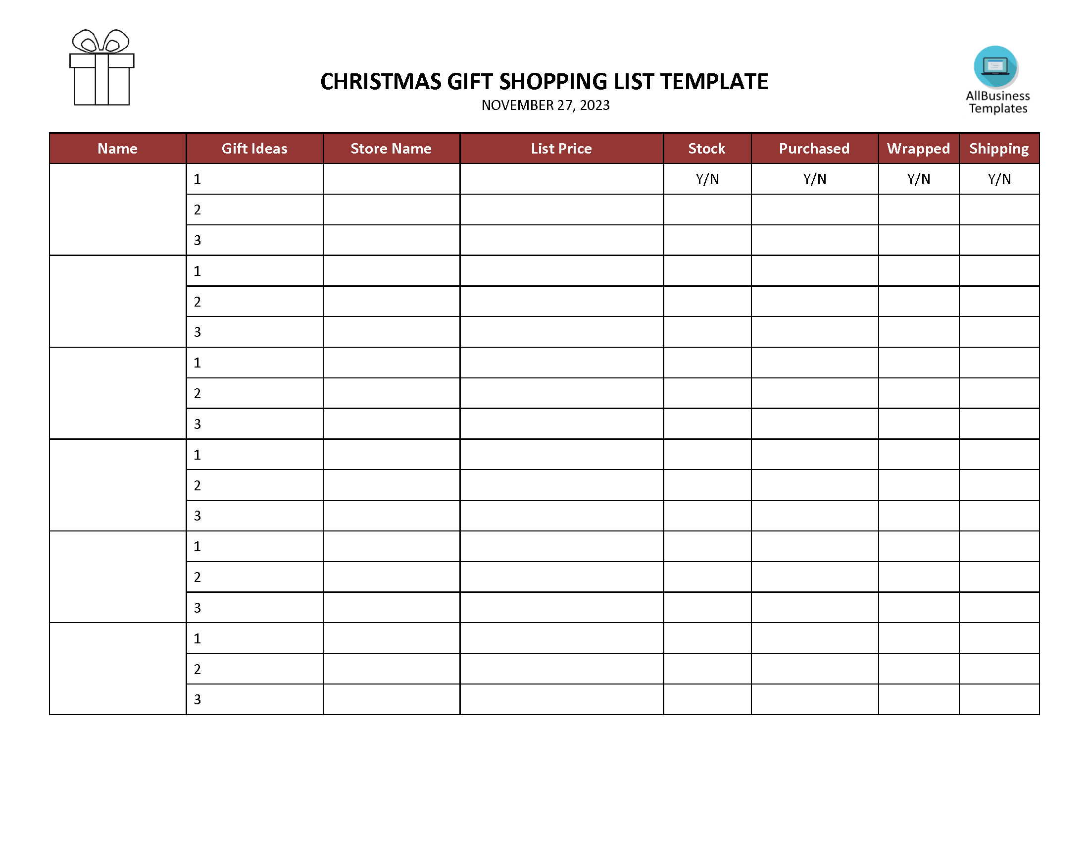 Christmas Gift Shopping List 模板