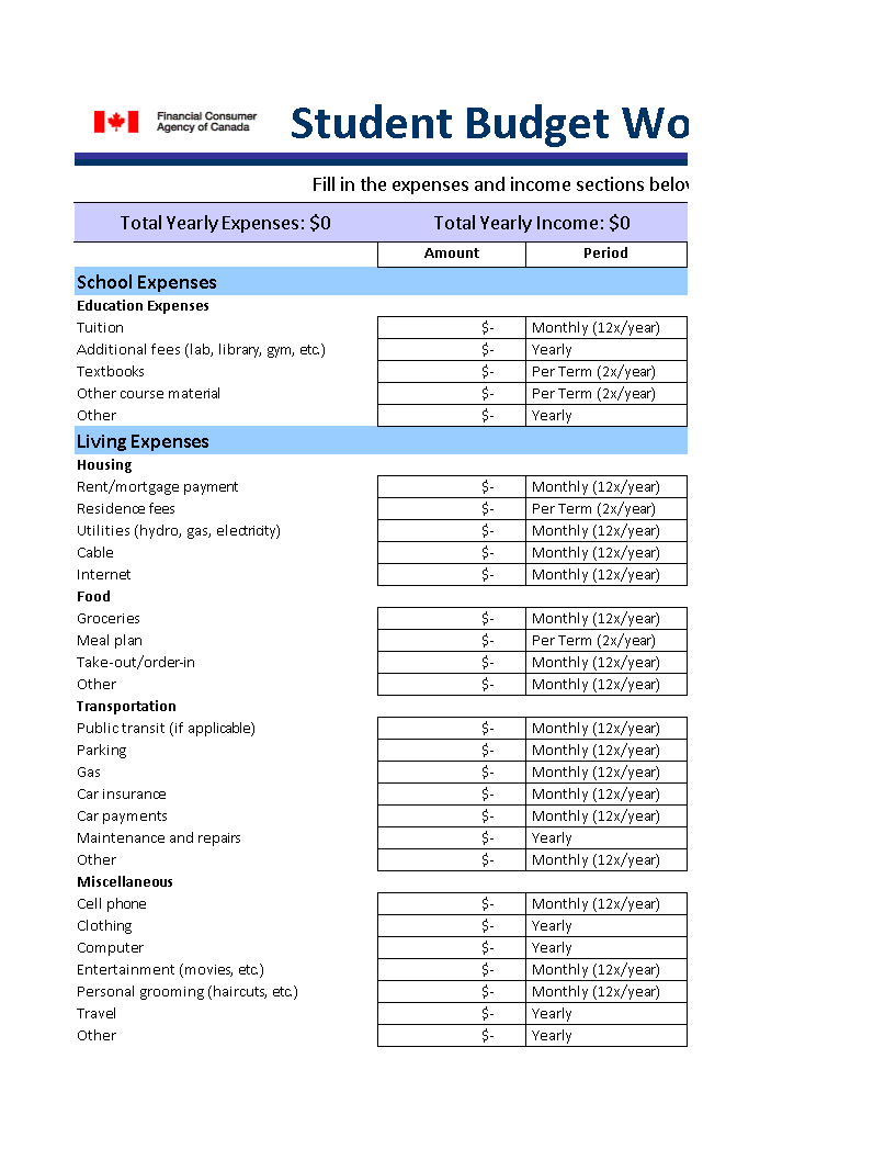 student monthly budget worksheet modèles