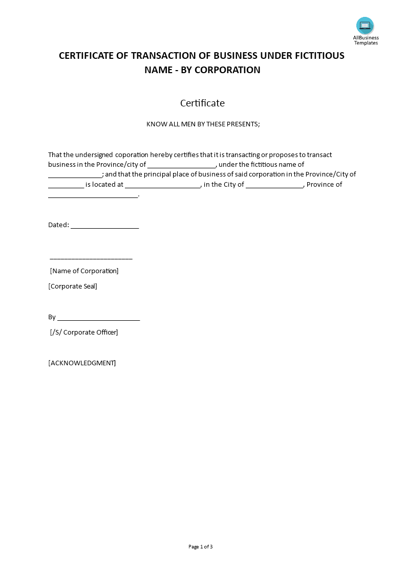 fictitious name certificate corporation template