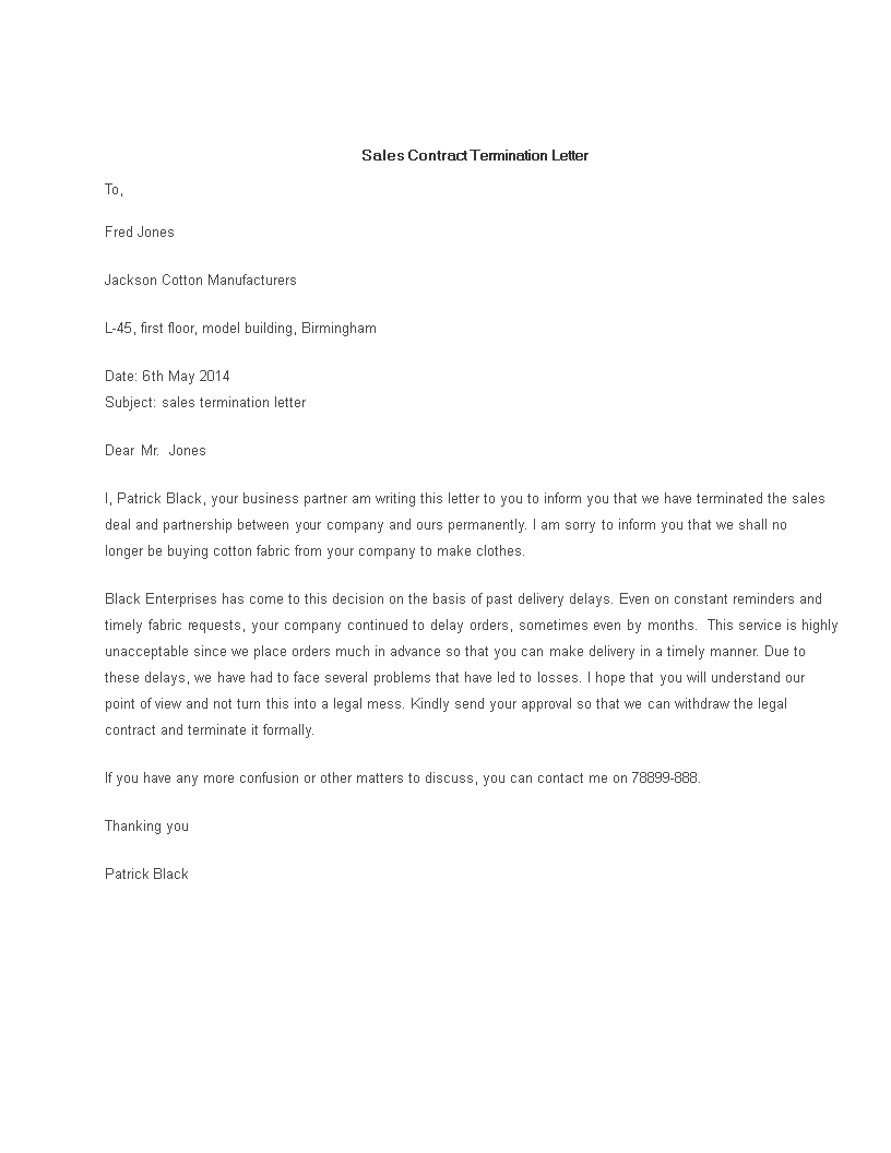 sales contract termination letter template