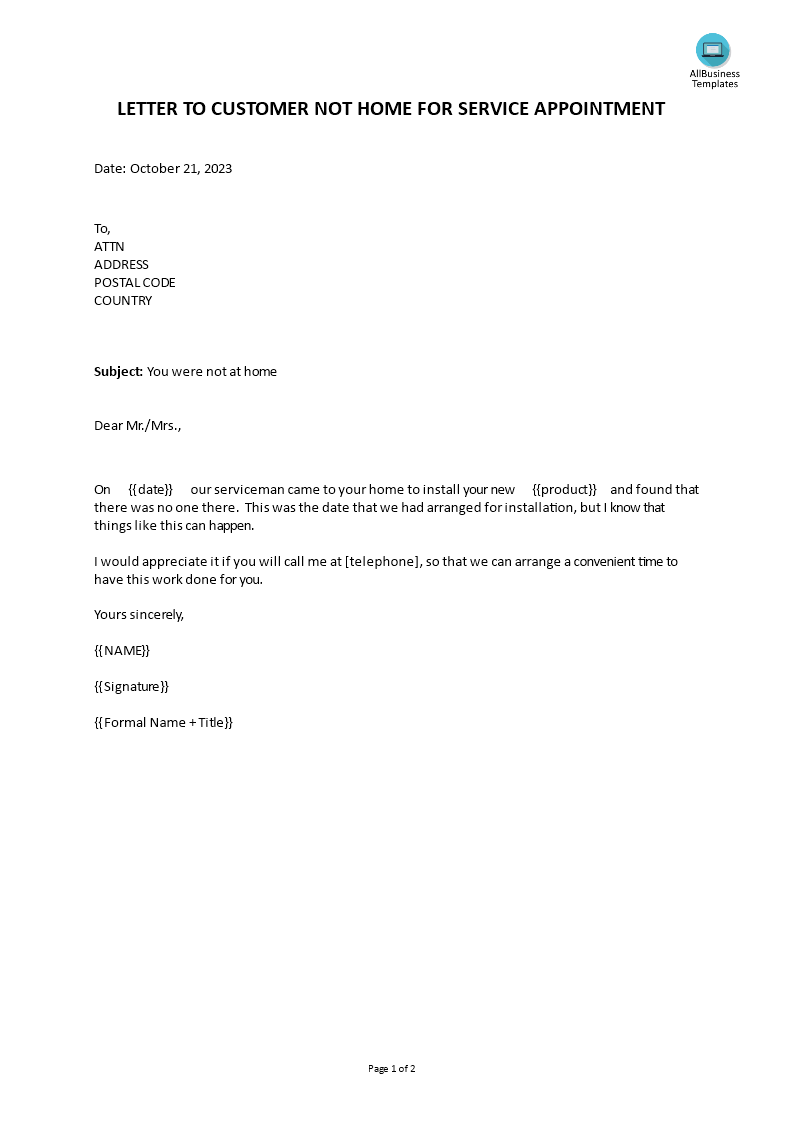 letter to customer not home service appointment voorbeeld afbeelding 