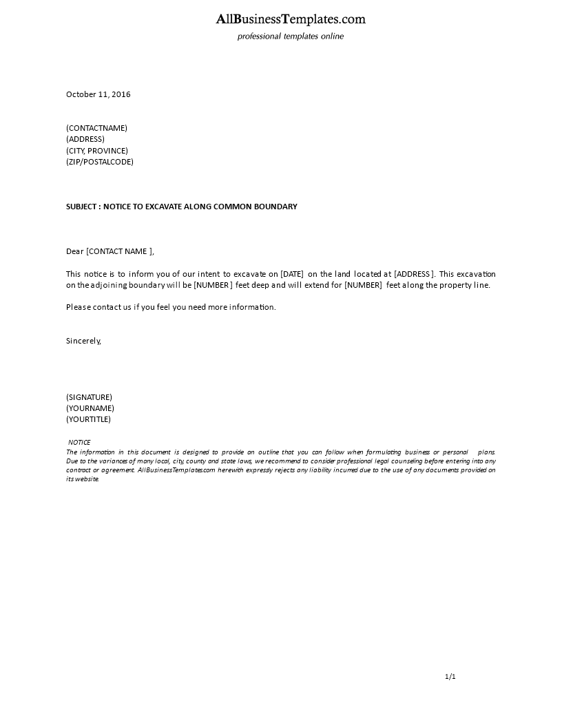 formal notice to excavate along common boundary template