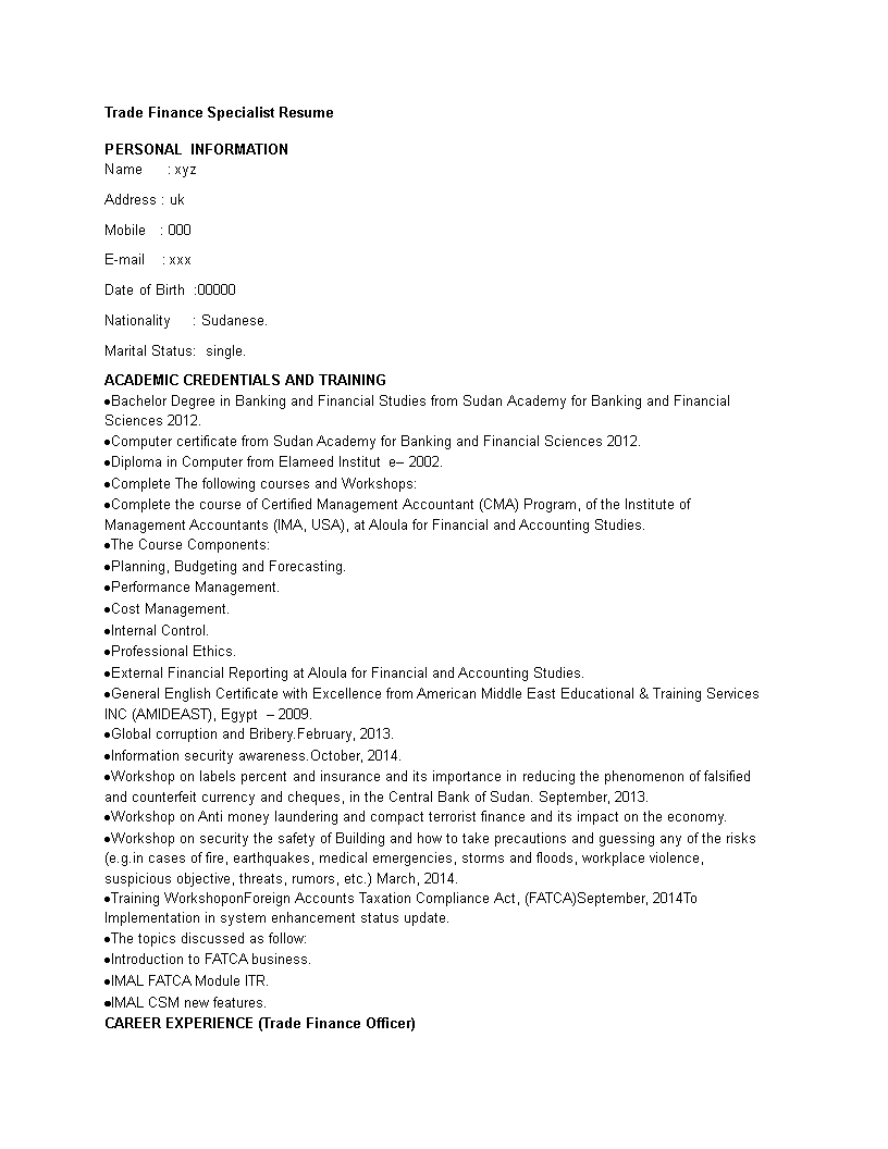 trade finance specialist resume template