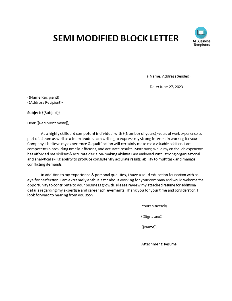 Kostenloses Semi block letter format Regarding Modified Block Letter Template Word