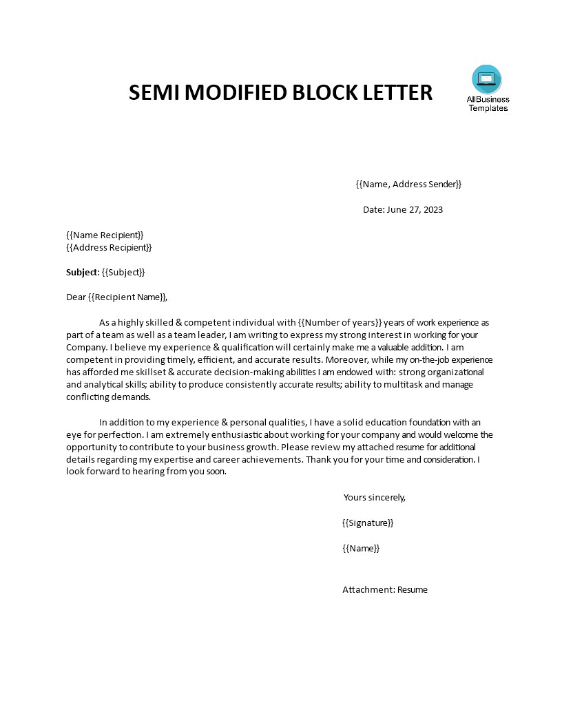 job application letter semi block style