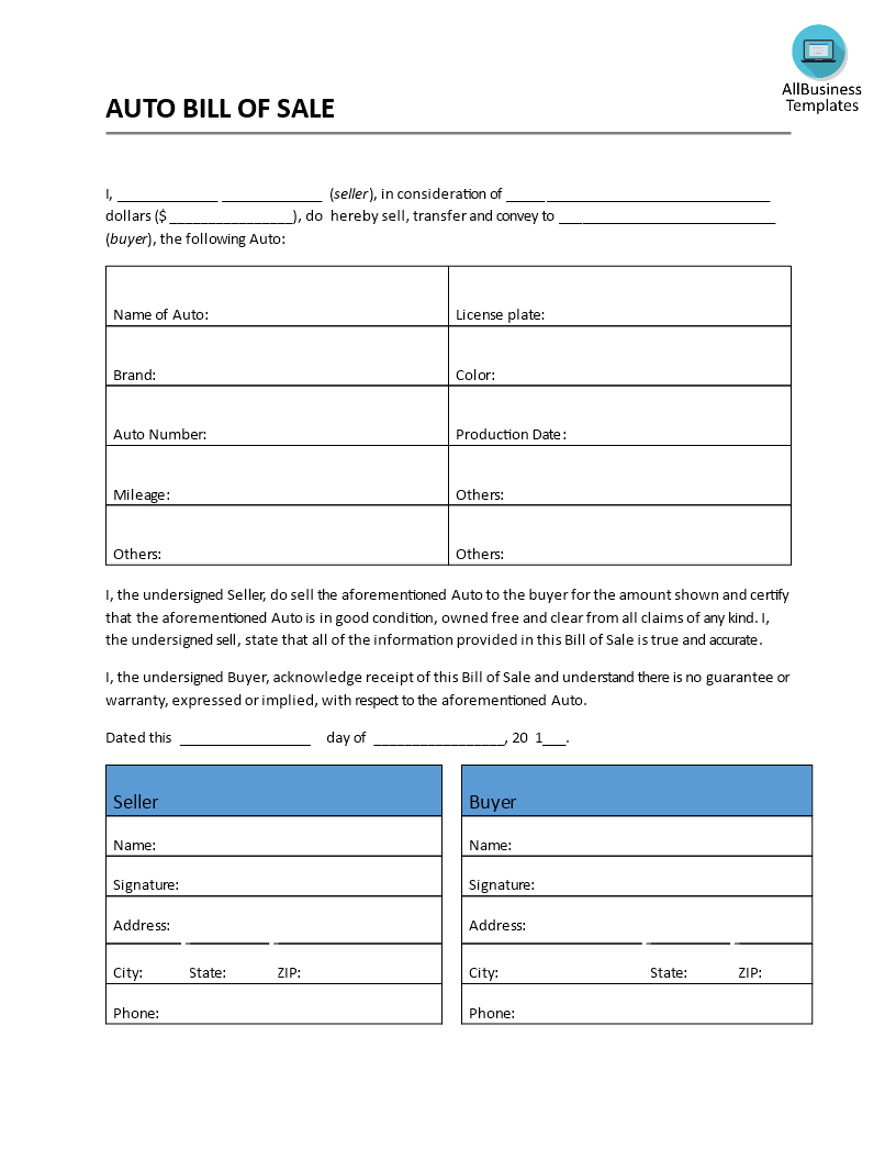 sample bill of sale for automobile modèles