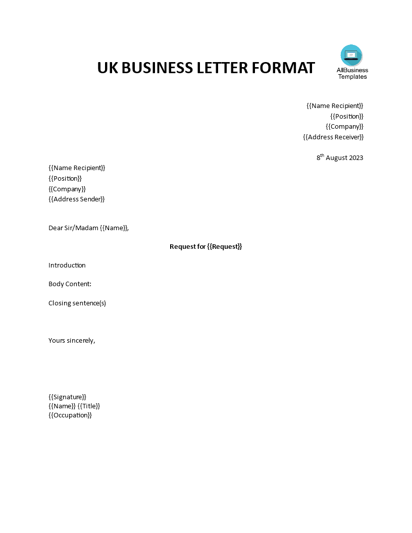 uk business letter format template