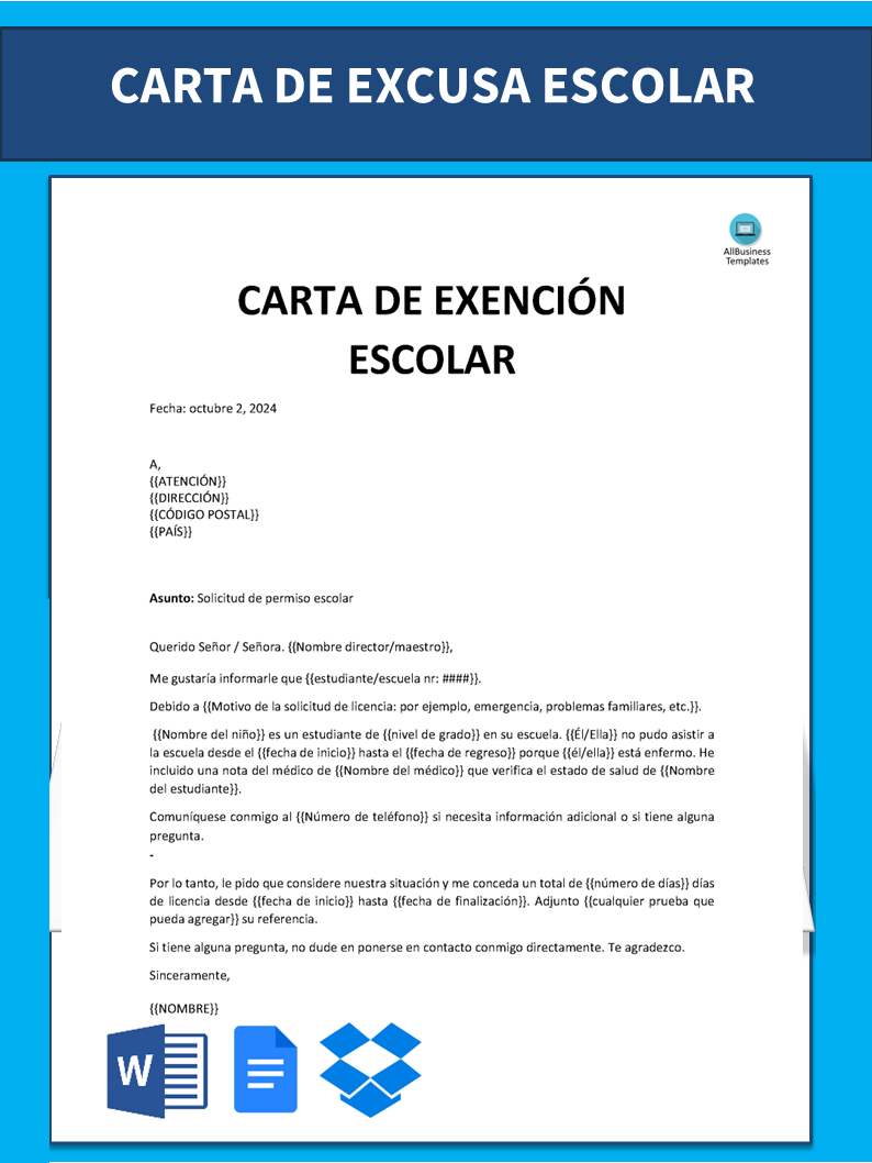 Carta de excusa escolar 模板