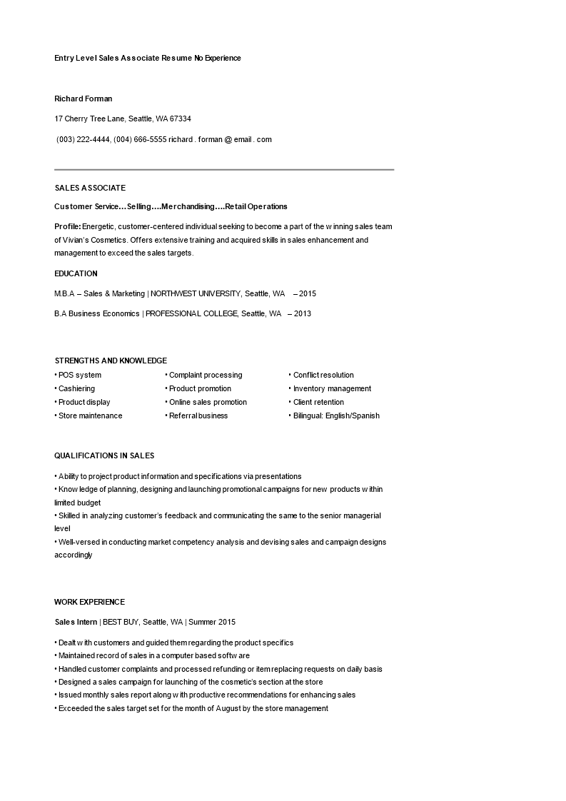 Entry Level Sales Associate Resume template 模板