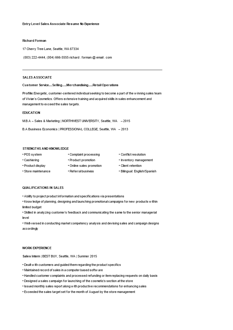 entry level sales associate resume template plantilla imagen principal