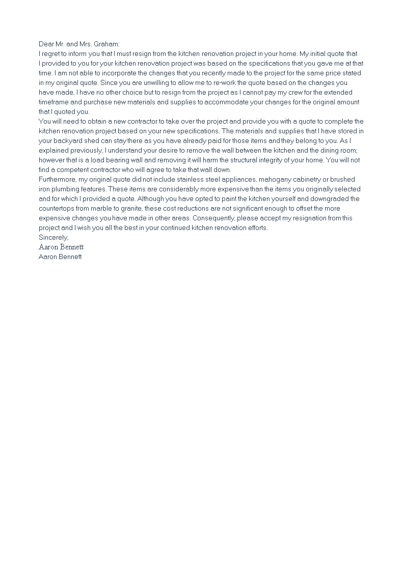 independent contractor resignation letter template