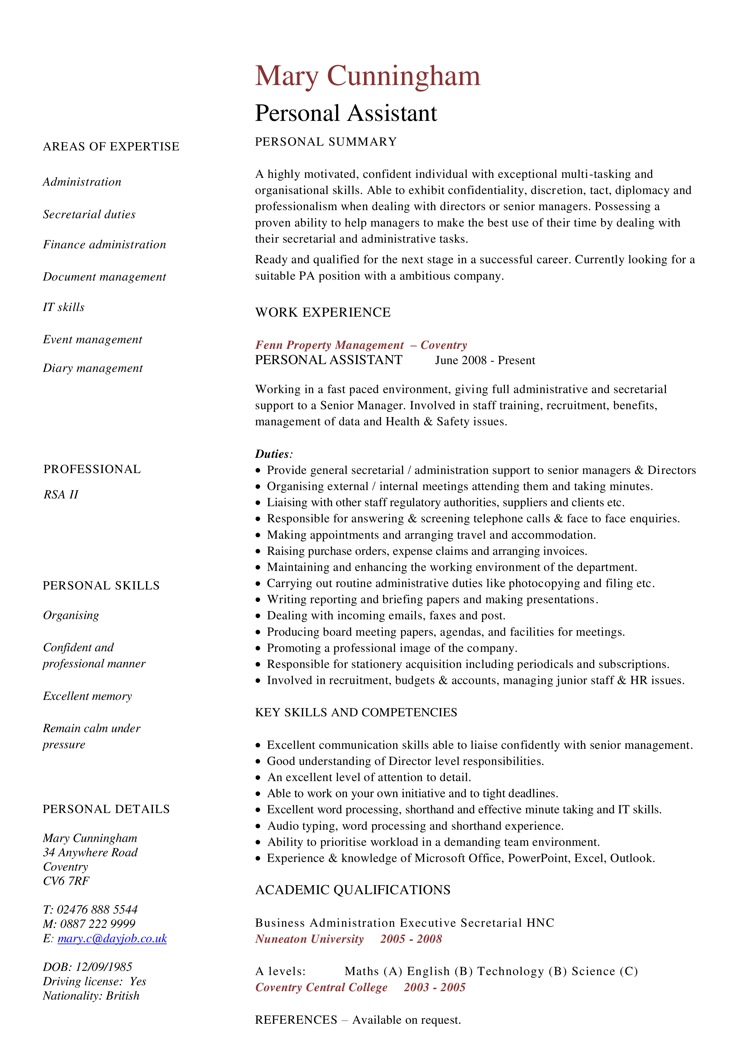Personal Assistant Resume 模板