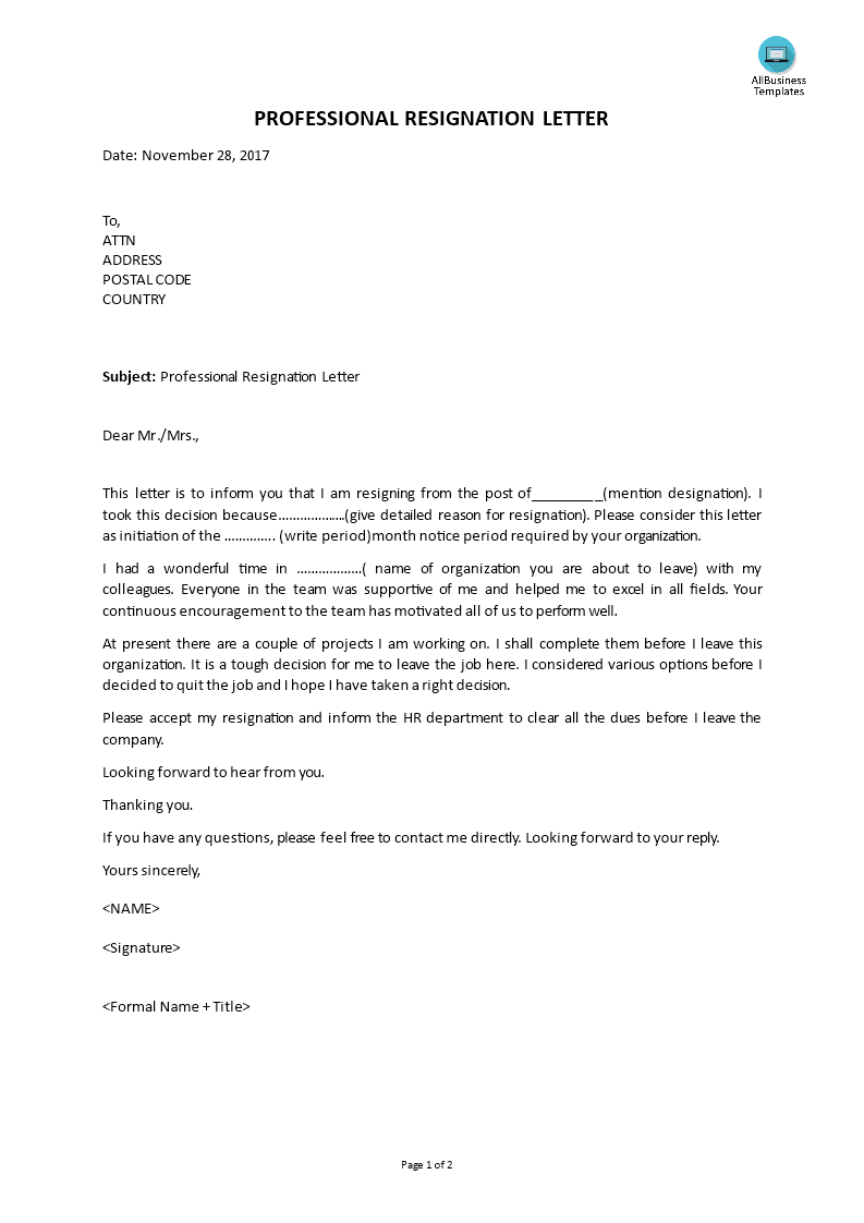 professional resignation letter at company template