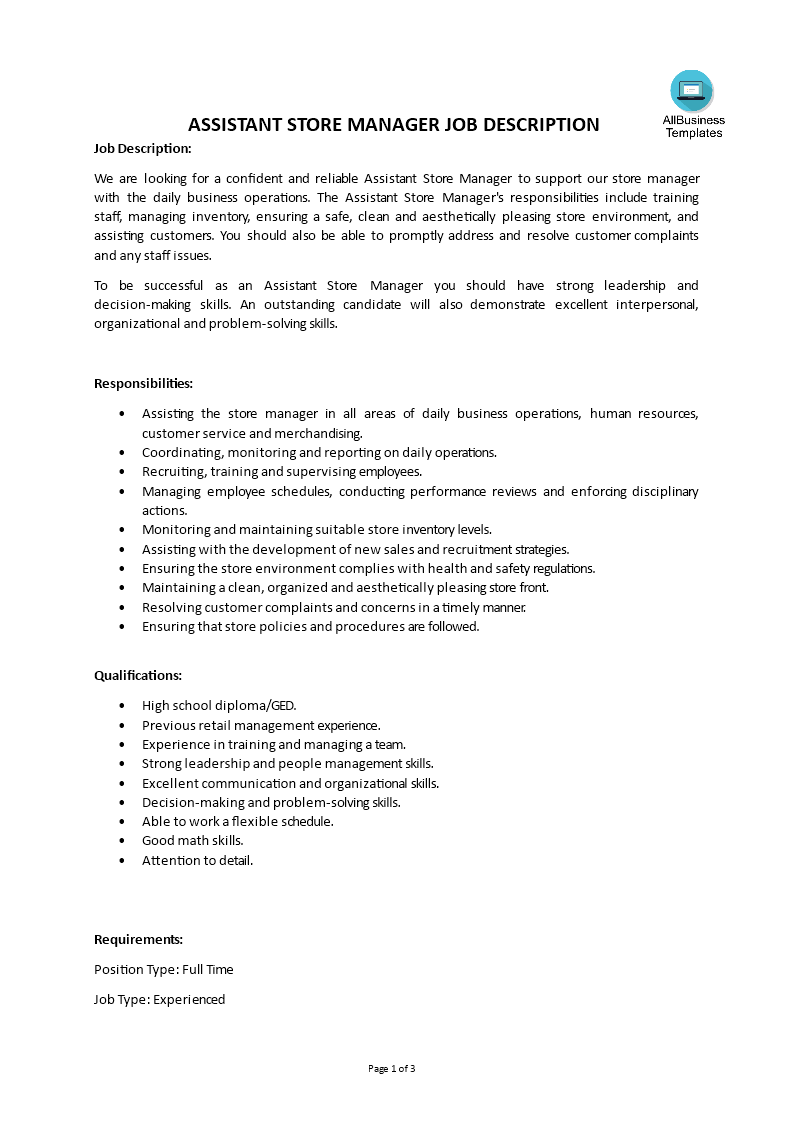 assistant manager retail job description modèles