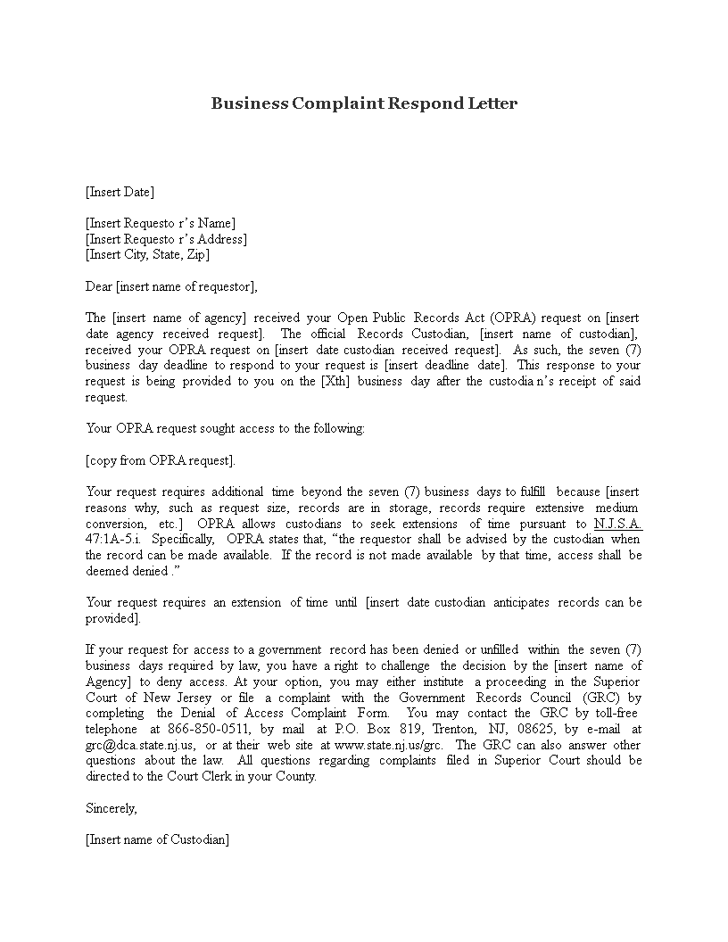 business complaint respond letter template