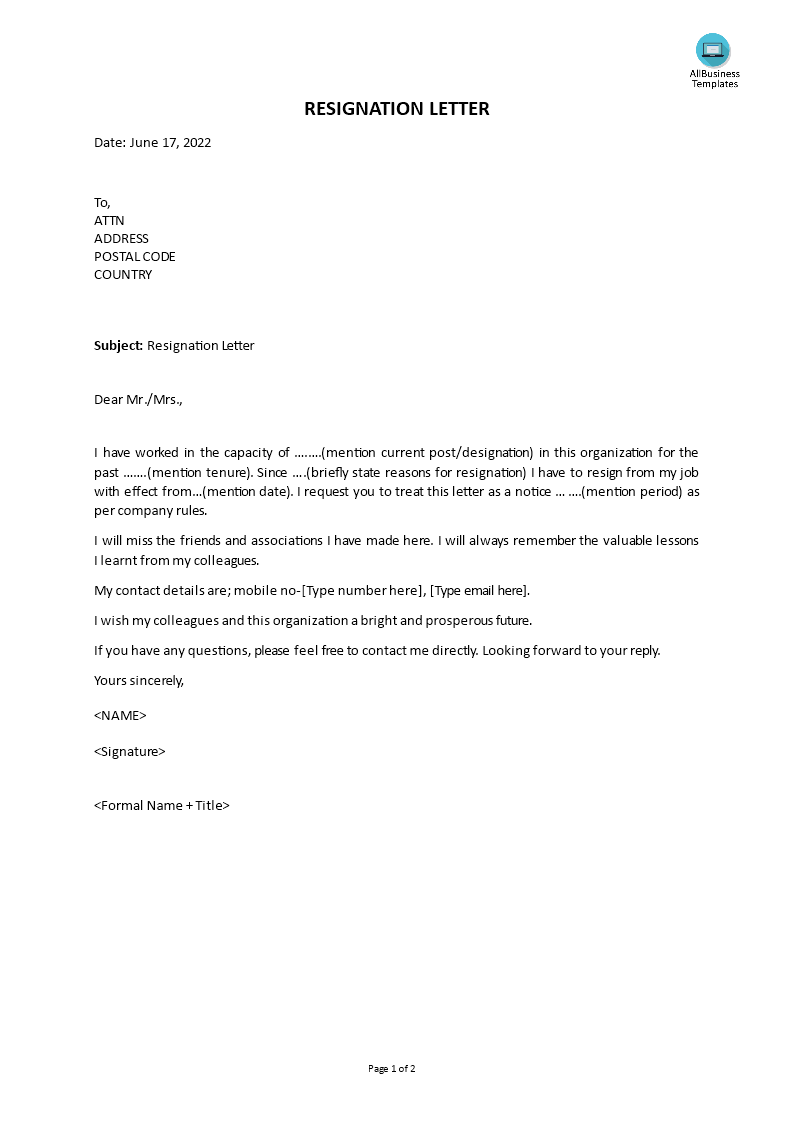sample Letter Of Resignation Templates at