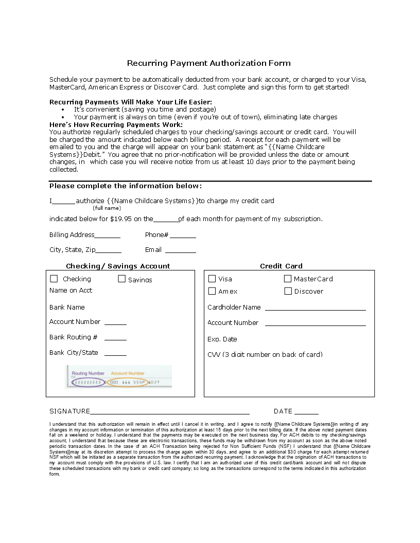 recurring payment creditcard authorization form Hauptschablonenbild