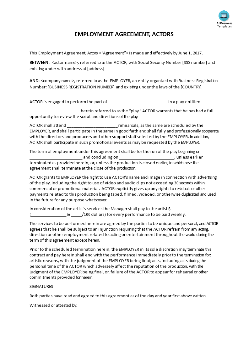 employment agreement, actors template