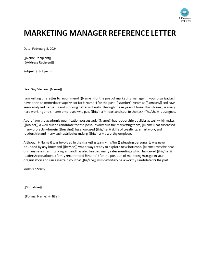 marketing manager reference letter template