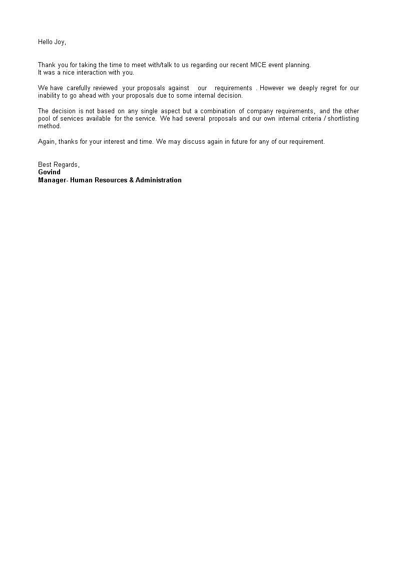 polite rejection of vendor letter template