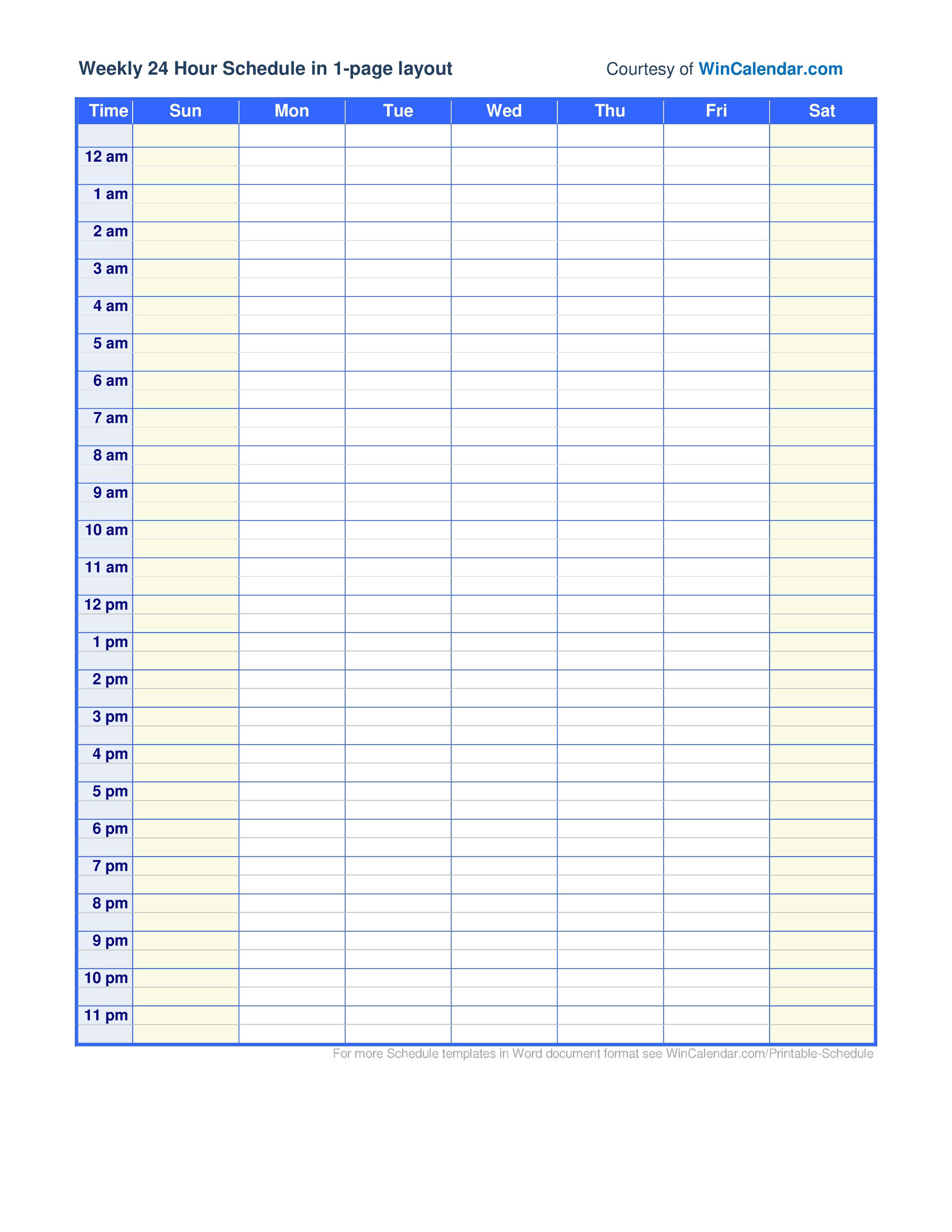 week hourly schedule template