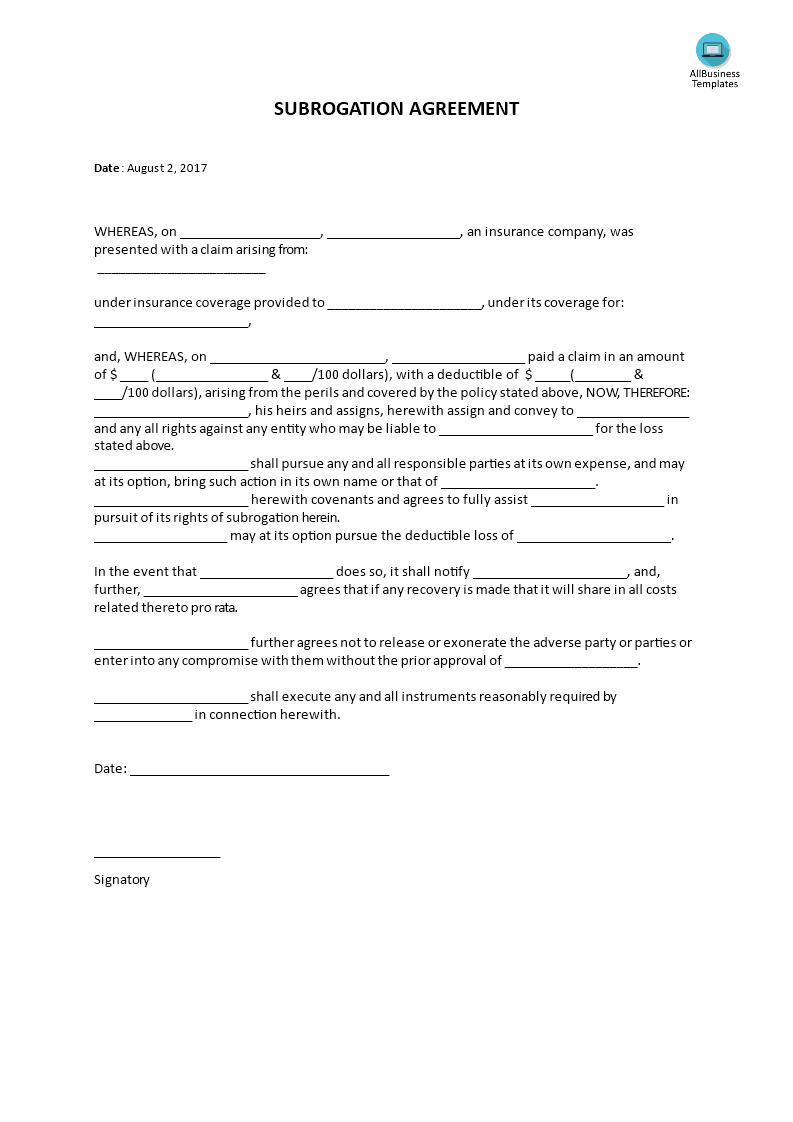 Subrogation Agreement Template Templates at