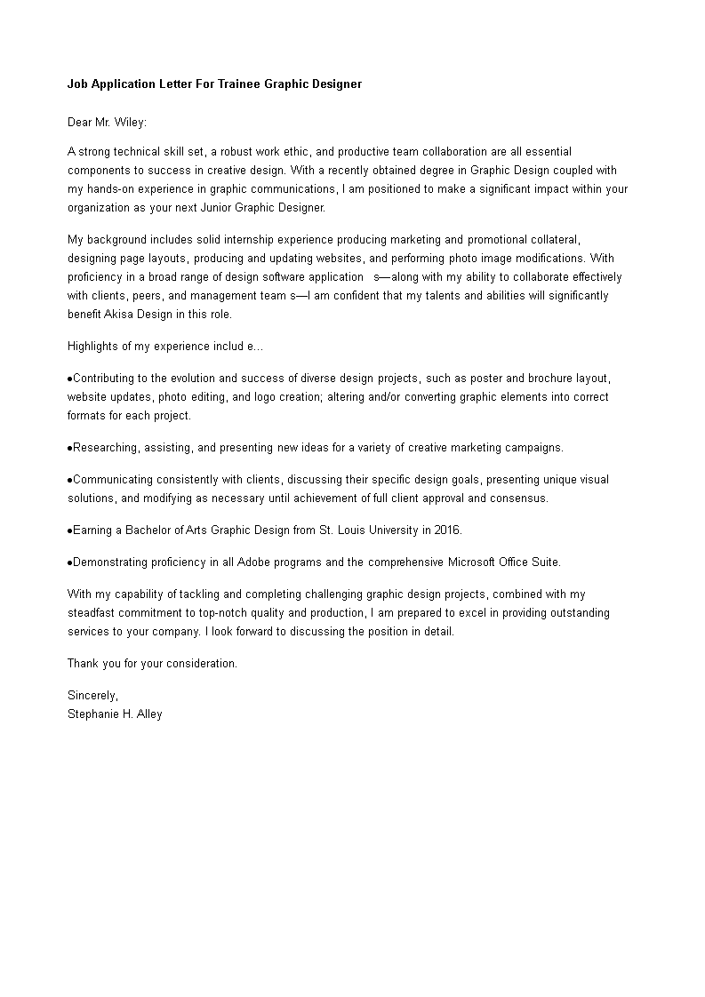 job application letter for trainee graphic designer modèles