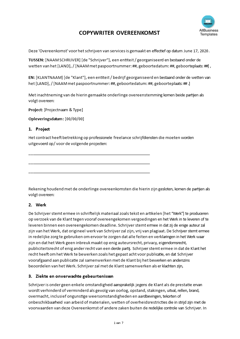 freelance copywriter overeenkomst template